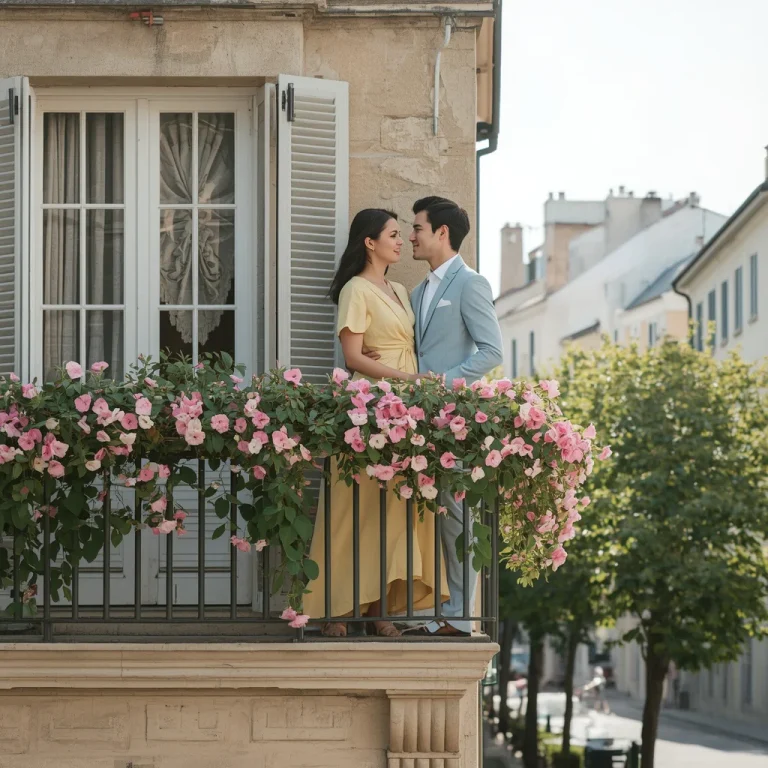 A Romantic Couple in Pastel Suits on a Flower Balcony | Romantic Portrait Young