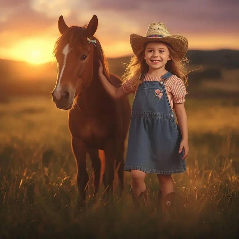 A Young Cowgirl’s Radiant Sunset Adventure with Her Pony | pose ai prompt