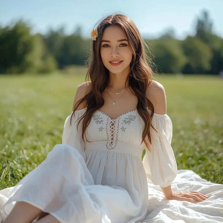 Bohemian Embroidered White Midi Dress for a Summer Picnic | gemini photo prompt