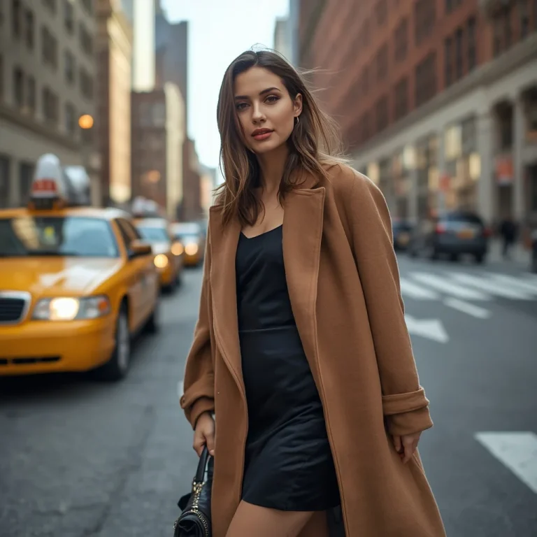 Chic Street Style Camel Coat Satin Slip Dress | Girl Bustling Street