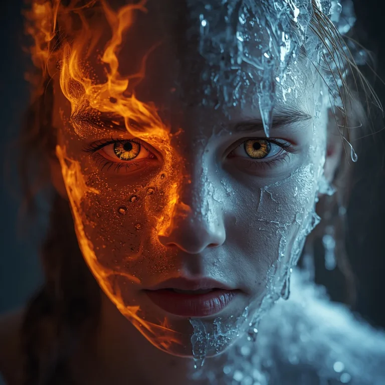 Frozen Flames: A Hyperrealistic Portrait of a Girl Split by Ice and Fire | Girl Traditional Prompt
