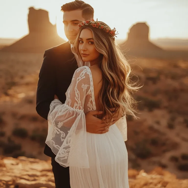 Golden Hour Desert Engagement: Flowing White Lace Gown | ai gemini photo prompt