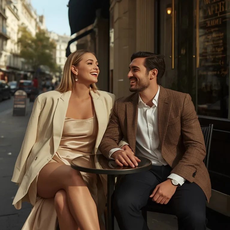 Modern Couple In Chic Tweed Blazer And Satin Gown | Realistic couple photo prompt