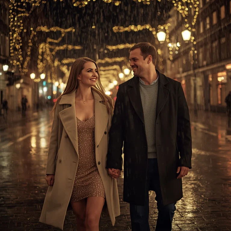 Romantic Couple Walking Through Rain In Cozy Autumn Attire | AI photo editing prompt new trend