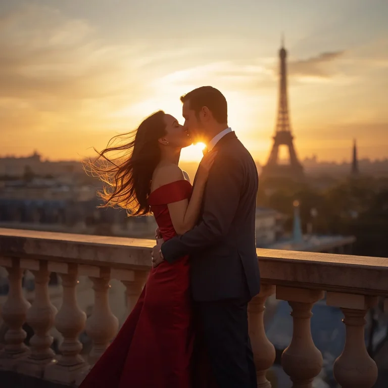 Romantic Sunset Kiss On Parisian Balcony Glow | Romantic Couple Prompt