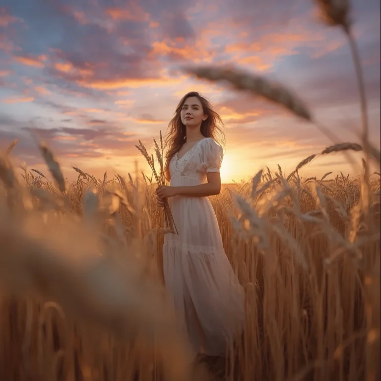 Sunset Harvest: A Beautiful Girl in a Flowing Dress Amidst Golden Wheat | Girl 2026 Prompt